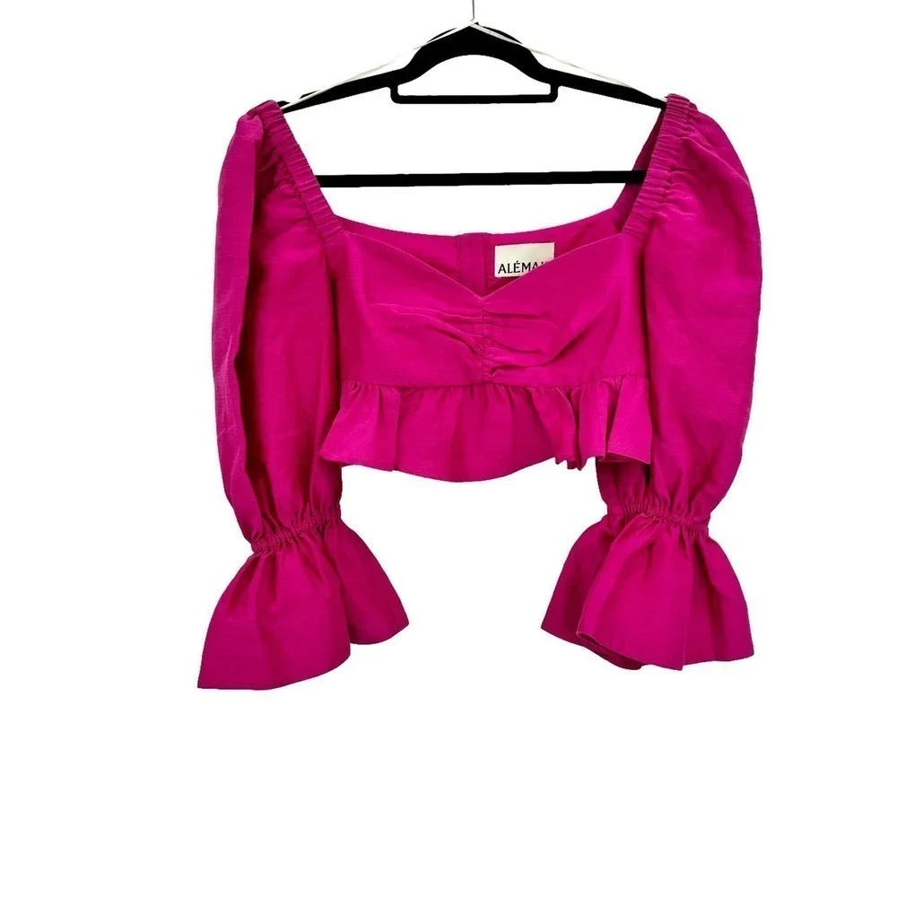ALEMAIS Blaire Ruffle Blouson Crop Top Pink Puff Silk Cotton Size 4 NWOT
